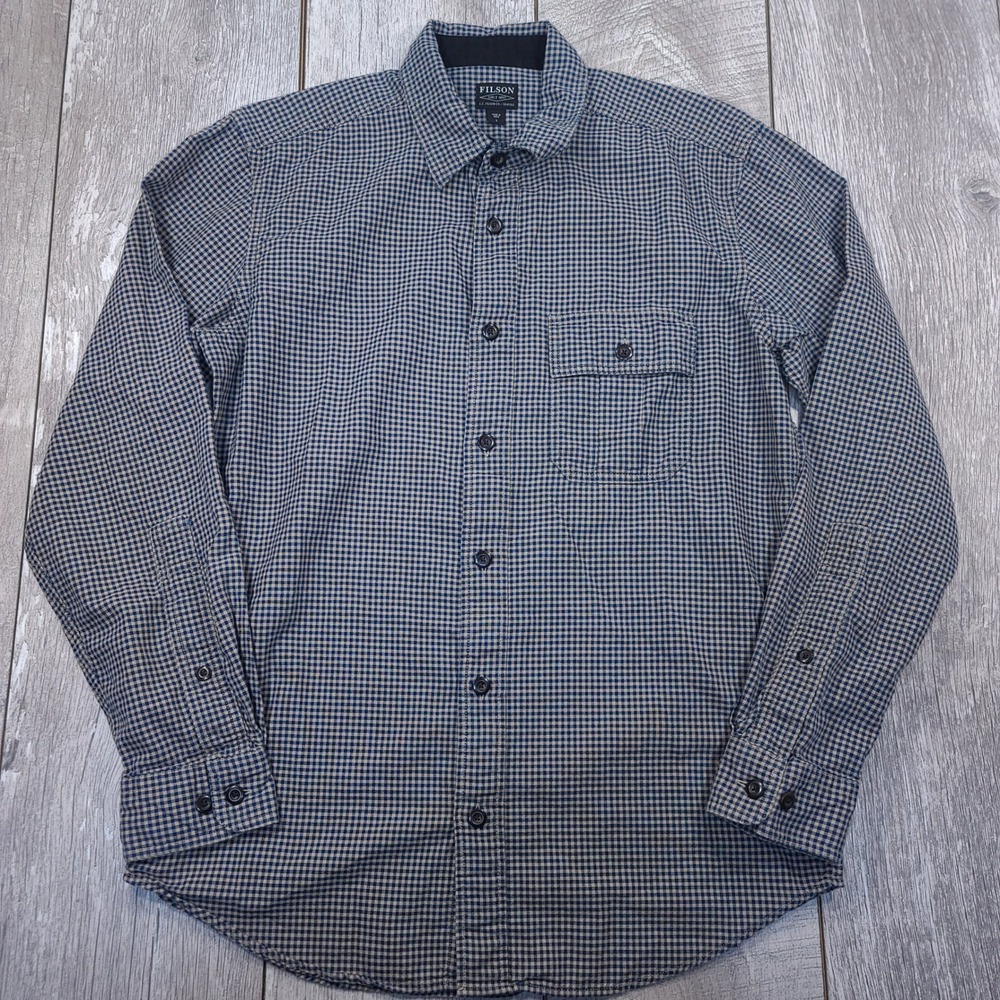Filson Rustic Oxford Shirt Mens Small Blue Tan Gingham Check Cotton Button Top